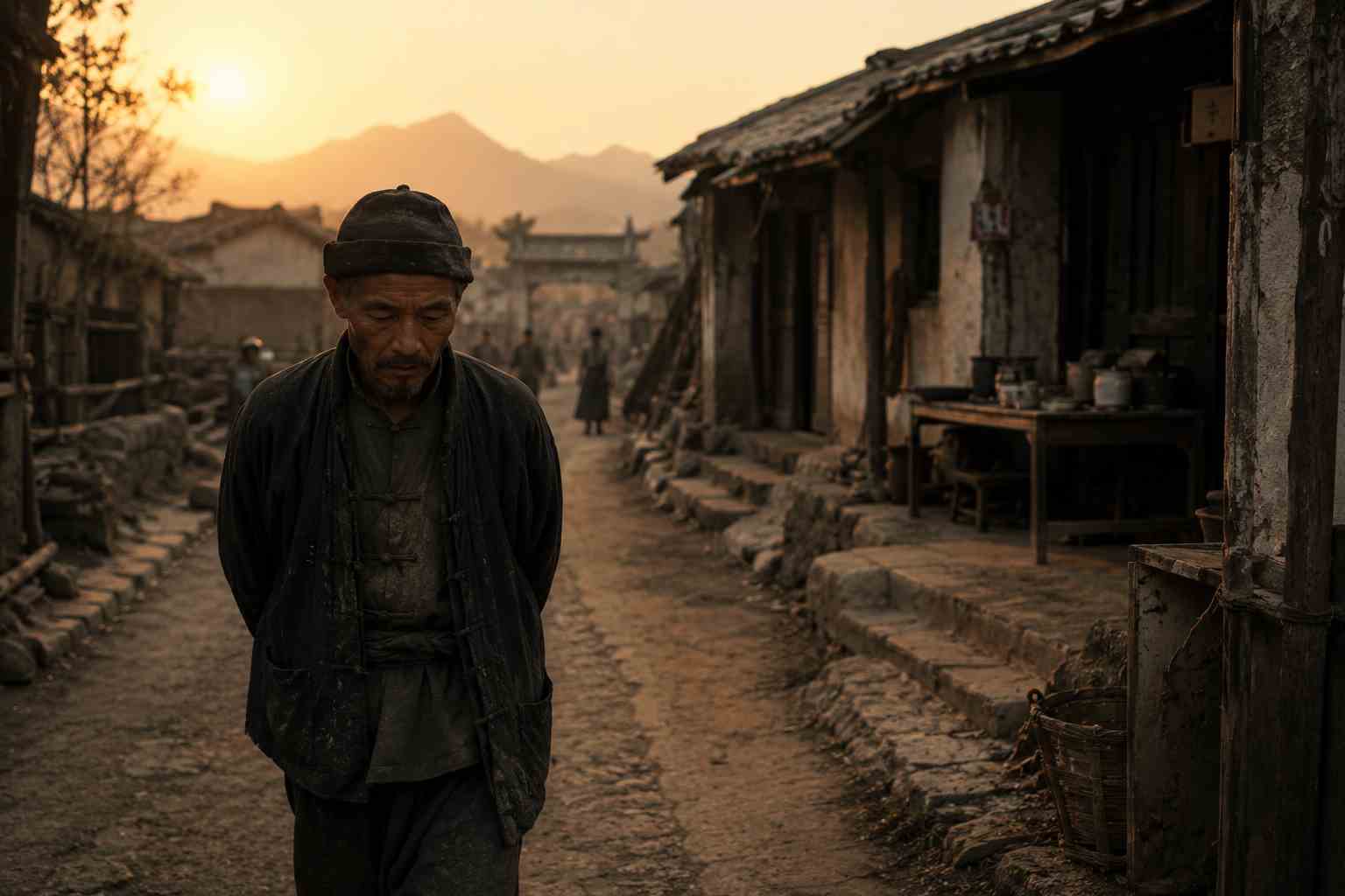 Illustration inspired by The True Story of Ah Q showing a lonely villager in old rural China.