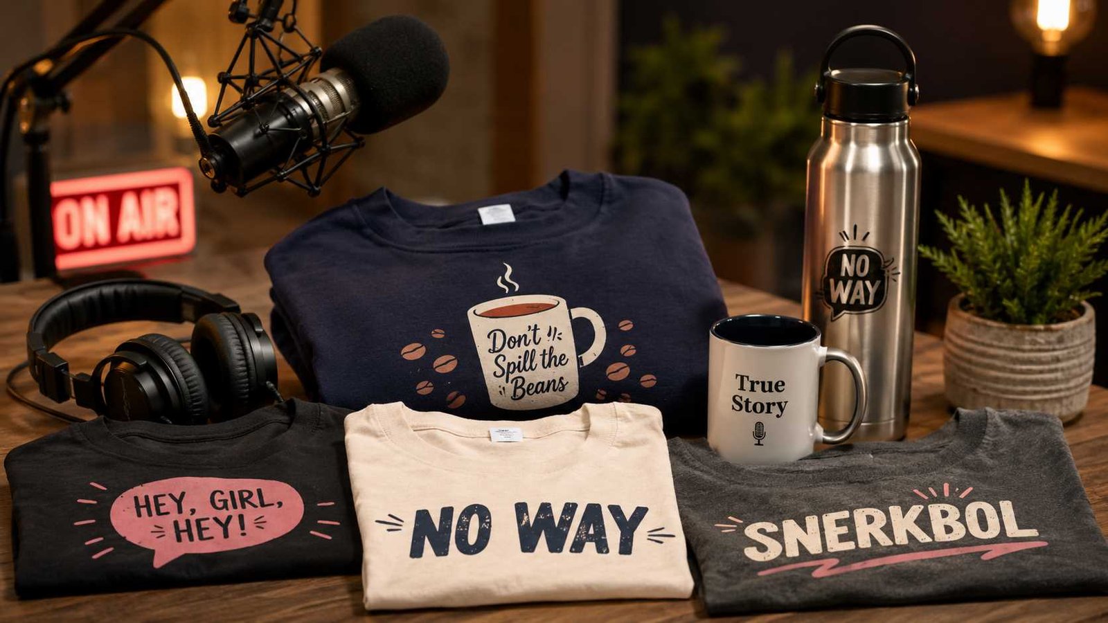 Tig And Cheryl True Story Merchandise including podcast shirts, sweatshirt, mug and bottle