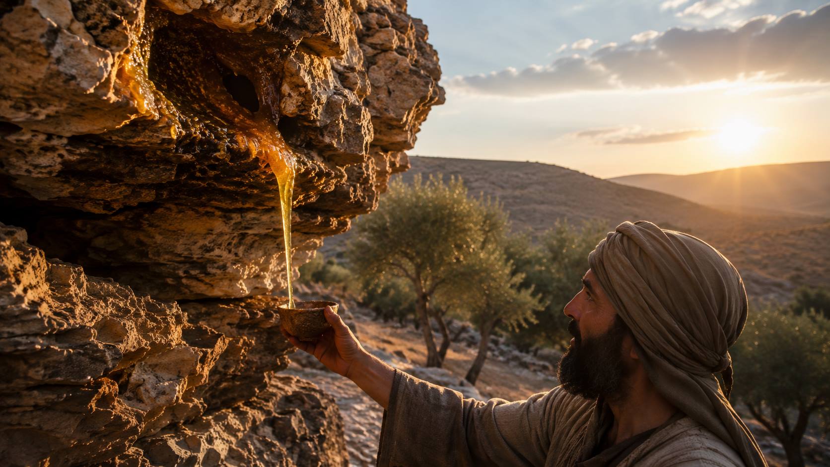 Honey flowing from a rock in the wilderness representing God's provision in Honey In The Rock Scripture