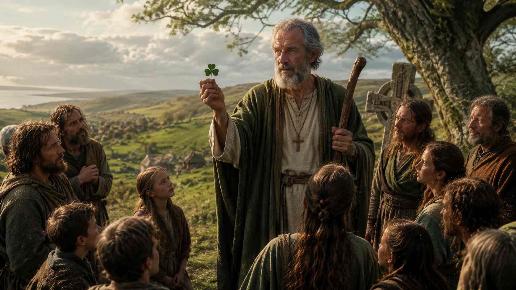 Saint Patrick walking through ancient Ireland during the true story behind Saint Patrick