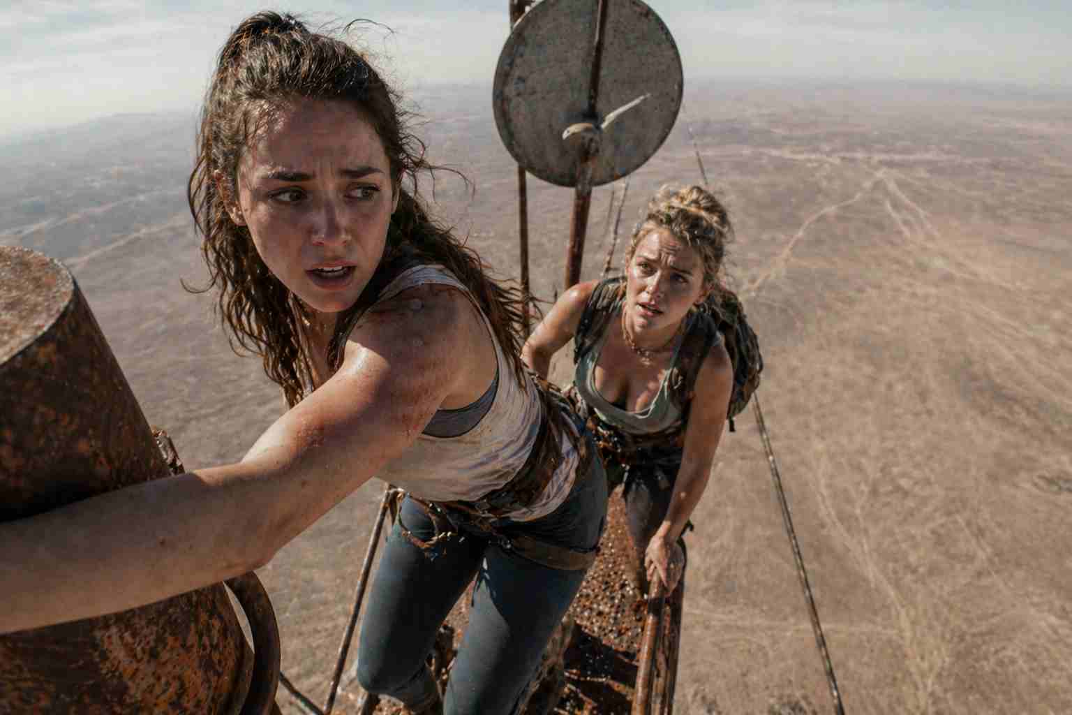 Two climbers stranded on a tall tower in Fall movie true story scene