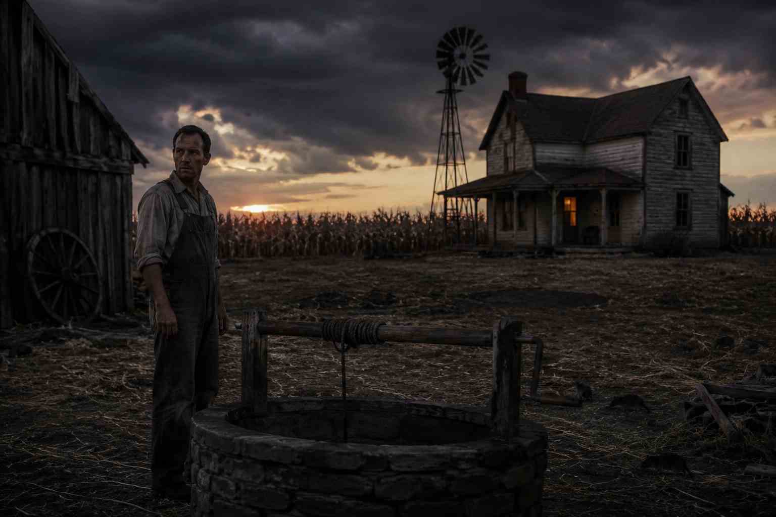 Wilfred James standing near a dark Nebraska farmhouse in 1922 inspired horror story