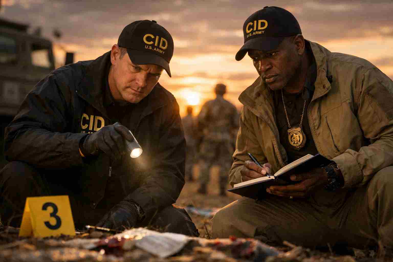 Army investigators examining a crime scene in The General's Daughter true story setting
