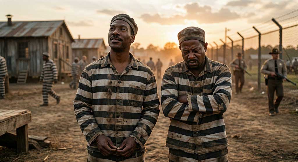 Ray Gibson and Claude Banks standing inside a 1930s prison camp inspired by the movie Life