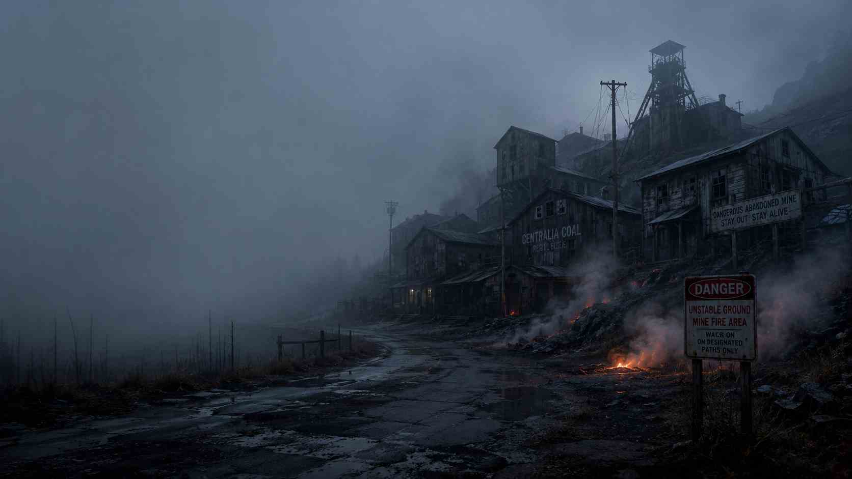 Abandoned foggy street inspired by the true story of Silent Hill and Centralia Pennsylvania