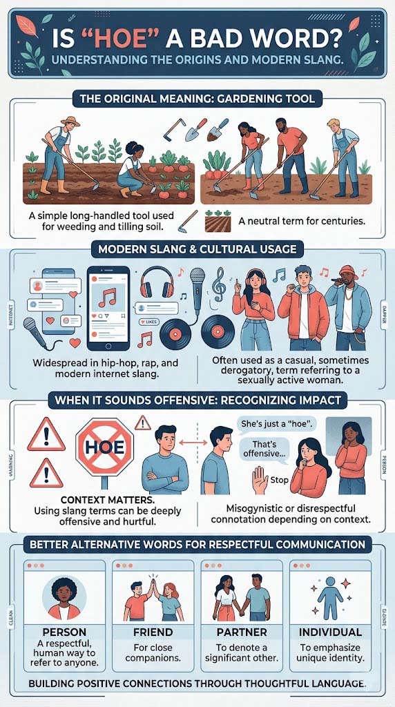 Infographic explaining hoe meaning slang usage and offensive language context