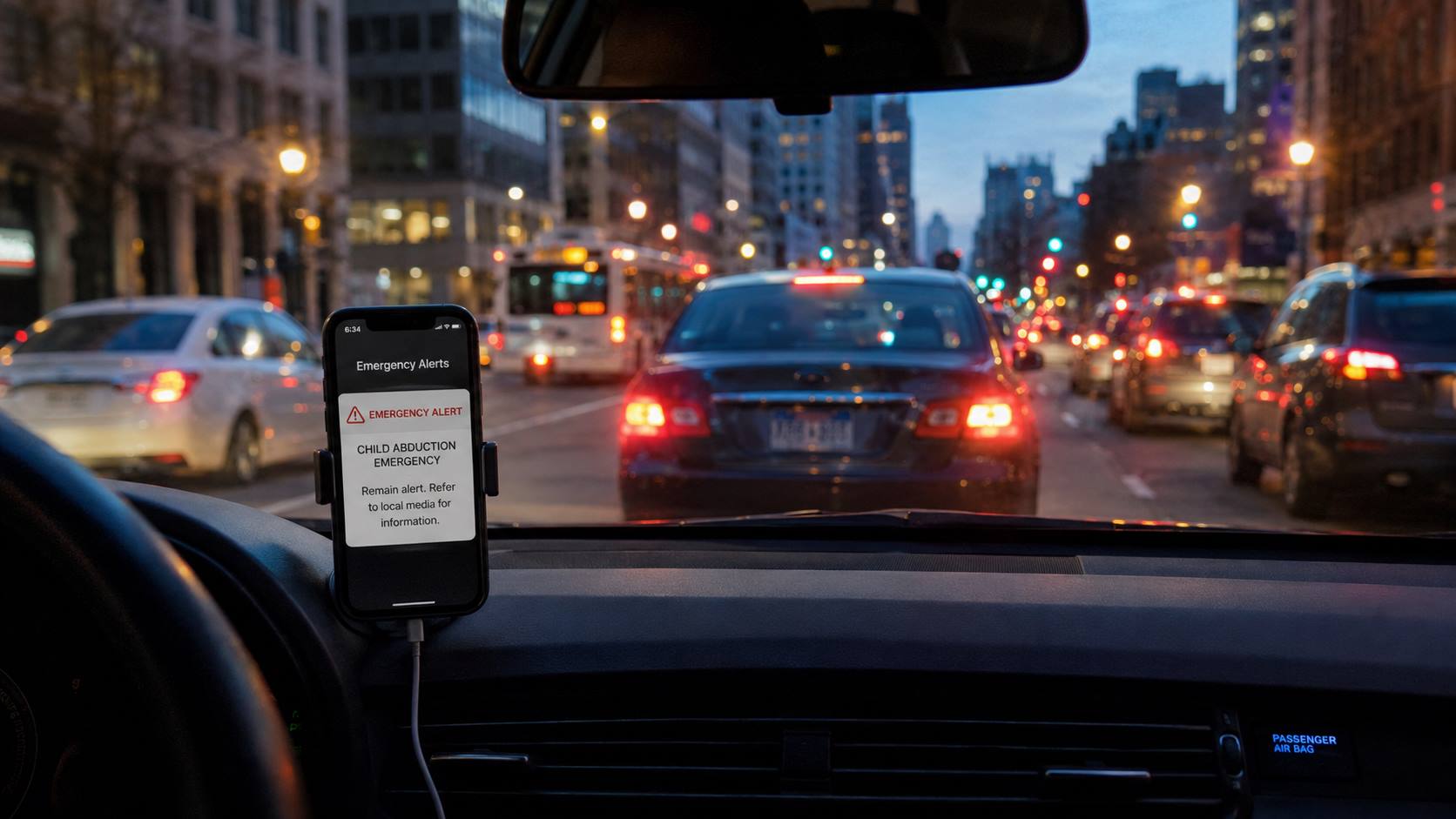 Rideshare passengers following a suspicious car after receiving an Amber Alert movie notification.