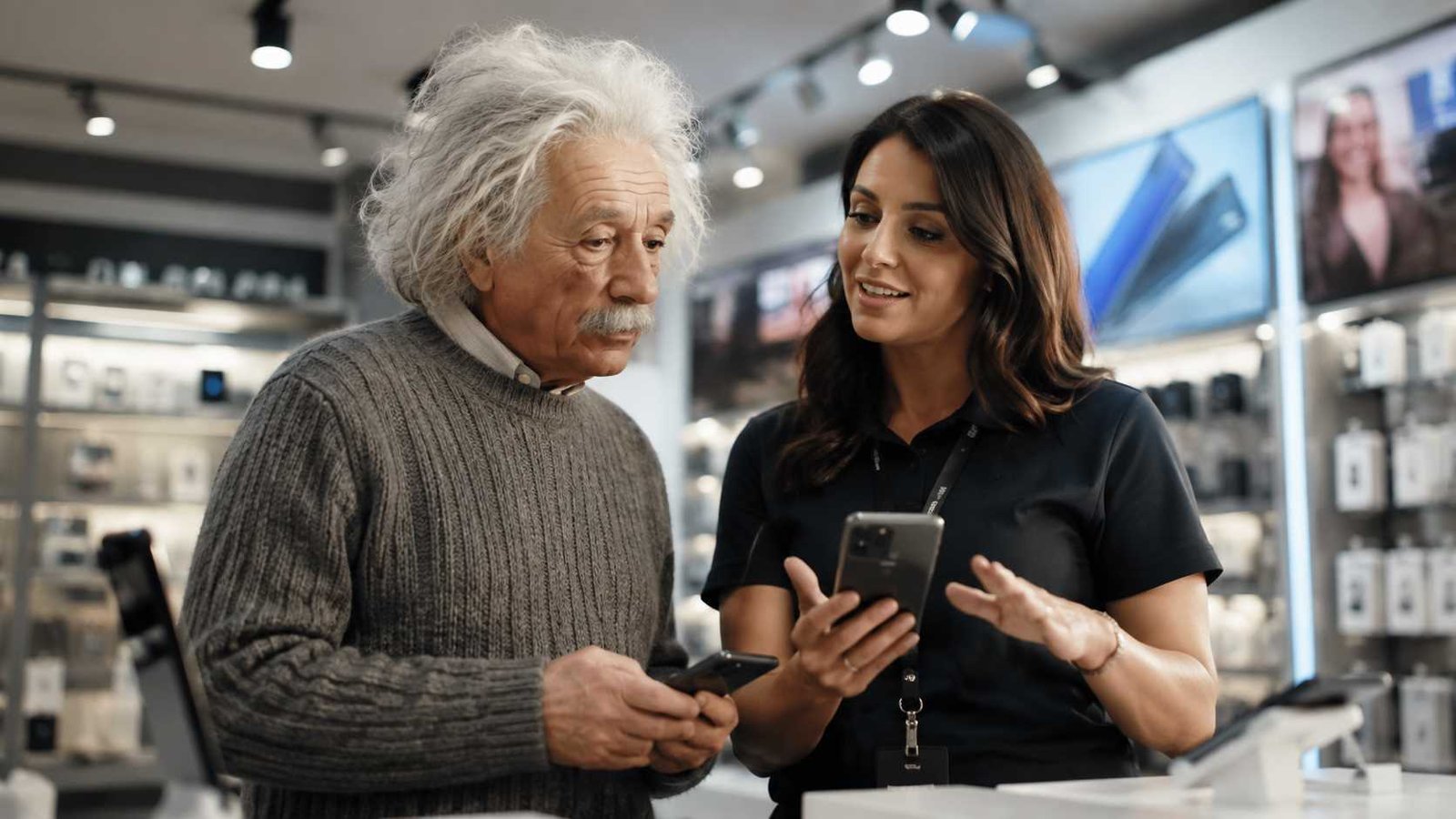 Paul Giamatti-style actor portraying Einstein in a Verizon commercial setting.