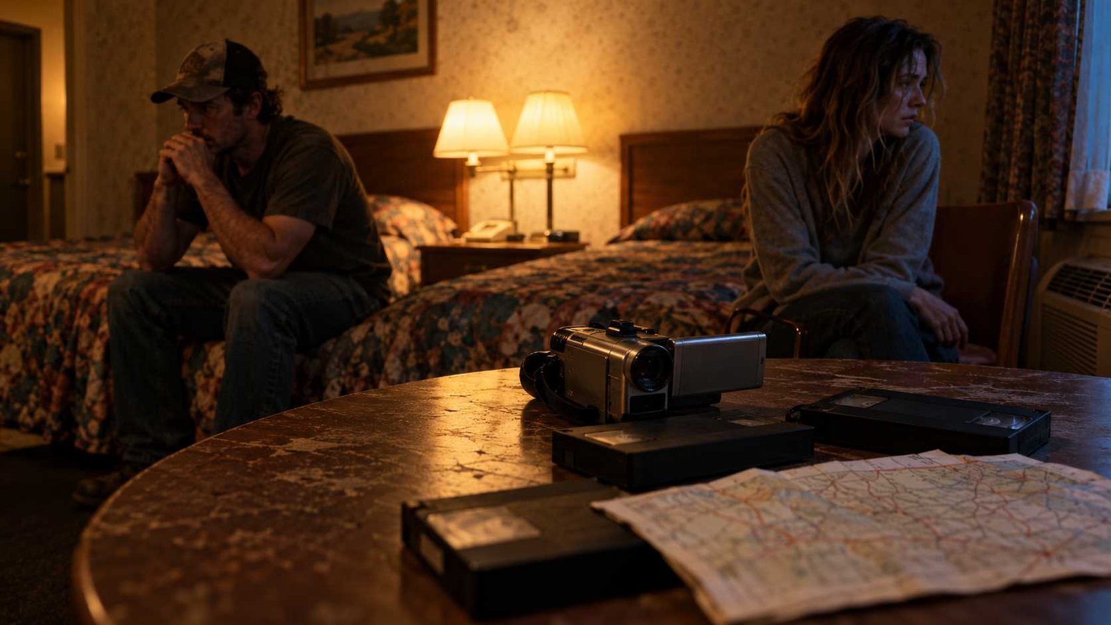 Fictional Dwayne and Darla true story mystery represented by a couple and an old video camera.