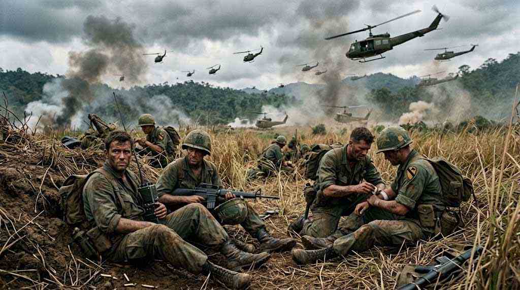 Soldiers fighting during the real Battle of Ia Drang in Vietnam