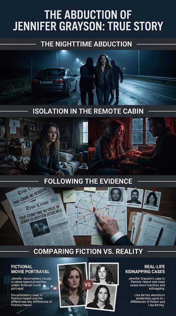 Infographic explaining The Abduction of Jennifer Grayson movie and true story facts