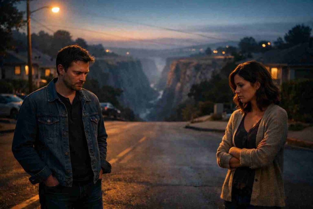 Couple reflecting near ravine symbolizing emotional struggle