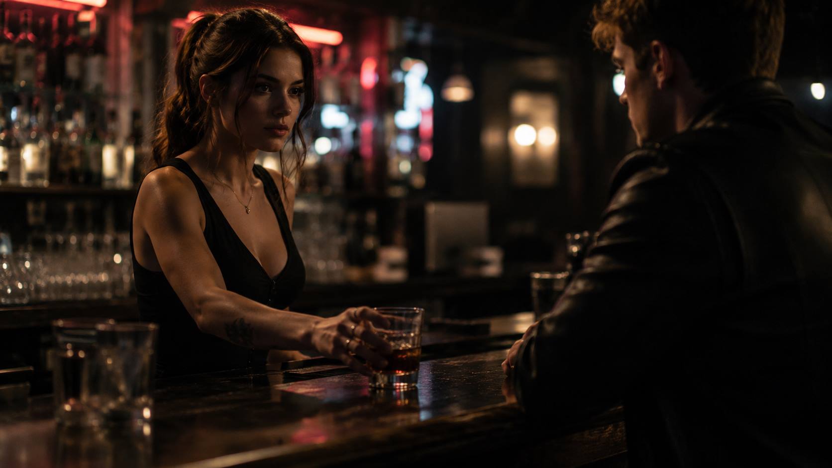 Chloe Lake Based on a True Story character shown through a mysterious Los Angeles bar scene.