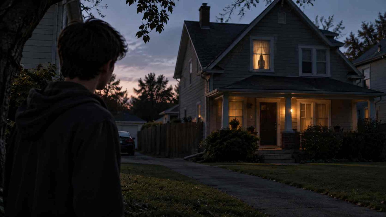 Teenage boy watching a mysterious neighboring house at dusk, representing the Suburban Screams House Next Door true story.